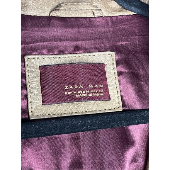 RARE ZARA Man Camel Brown Goat Leather Jacket Size Medium - Vintage - Picture 16 of 16